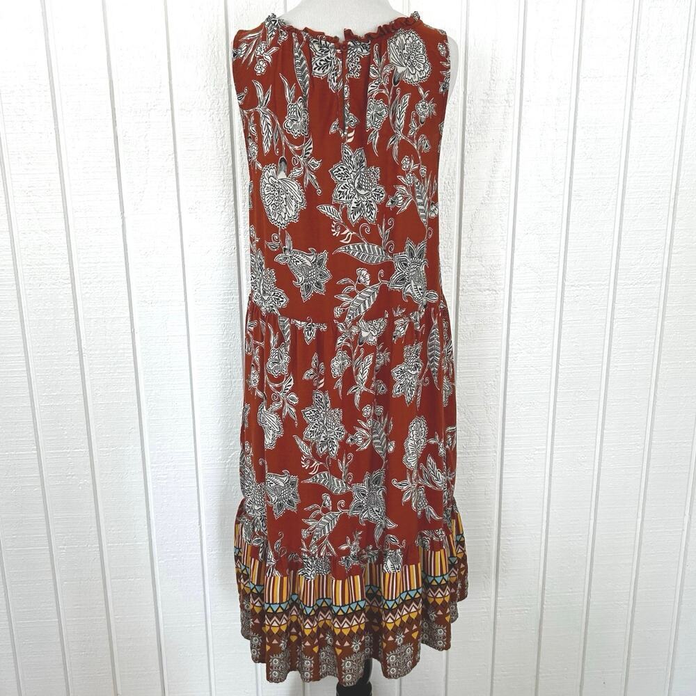 BeachLunchLounge Brown Floral Midi Dress Boho Ruffle Hem Sleeveless Large - Picture 7 of 9